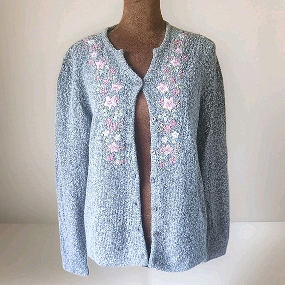 Vintage Dress Barn Cardigan Silk Wool Angora Gray Sweater Floral Coquette Size M - Picture 1 of 7